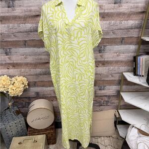 Tahari White & Lime Green Patterned Sheer Kaftan Dress